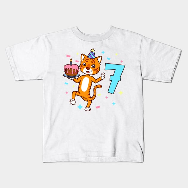 I am 7 with tiger - boy birthday 7 years old Kids T-Shirt by Modern Medieval Design